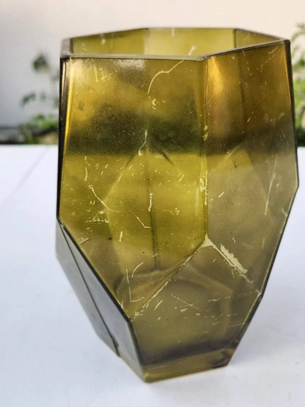 Beautiful Vintage Green Hexagon Vase Terrarium Decor Mid Century Modern Glass Ru